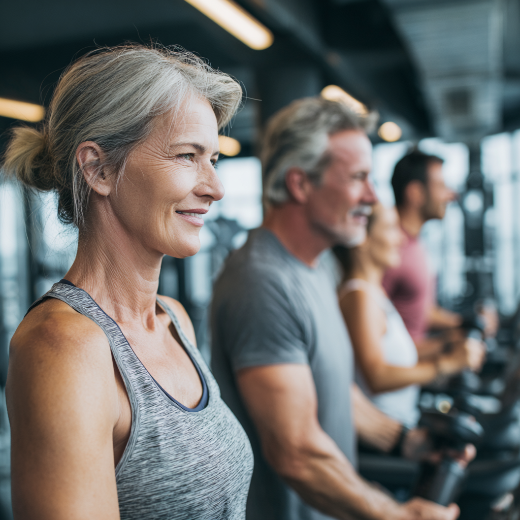modern fitness facility with middle-aged adults training